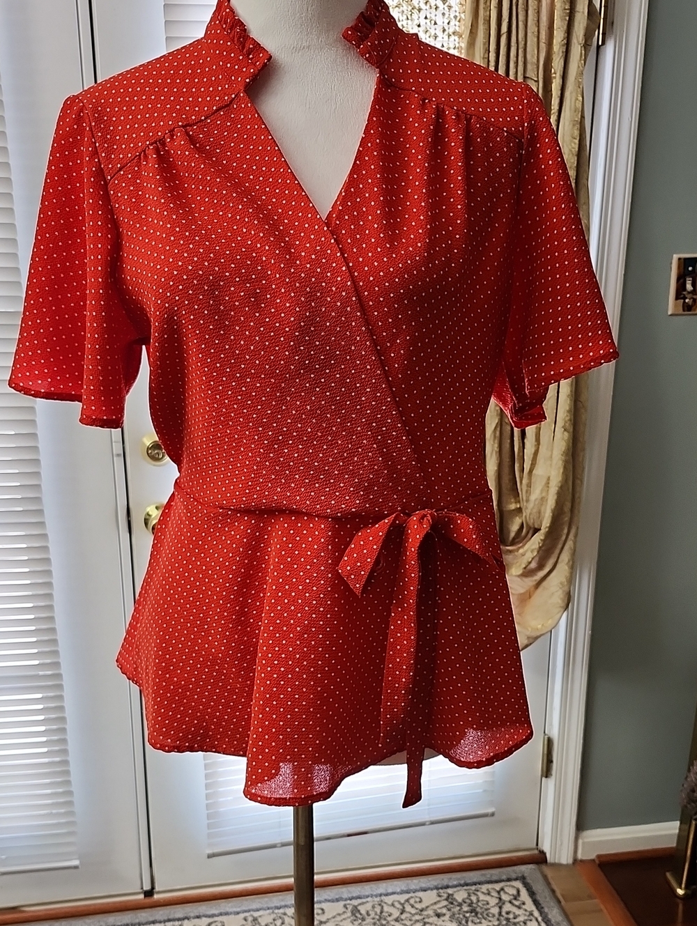Red Polka Dot Wrap Blouse with Self-Tie Waist